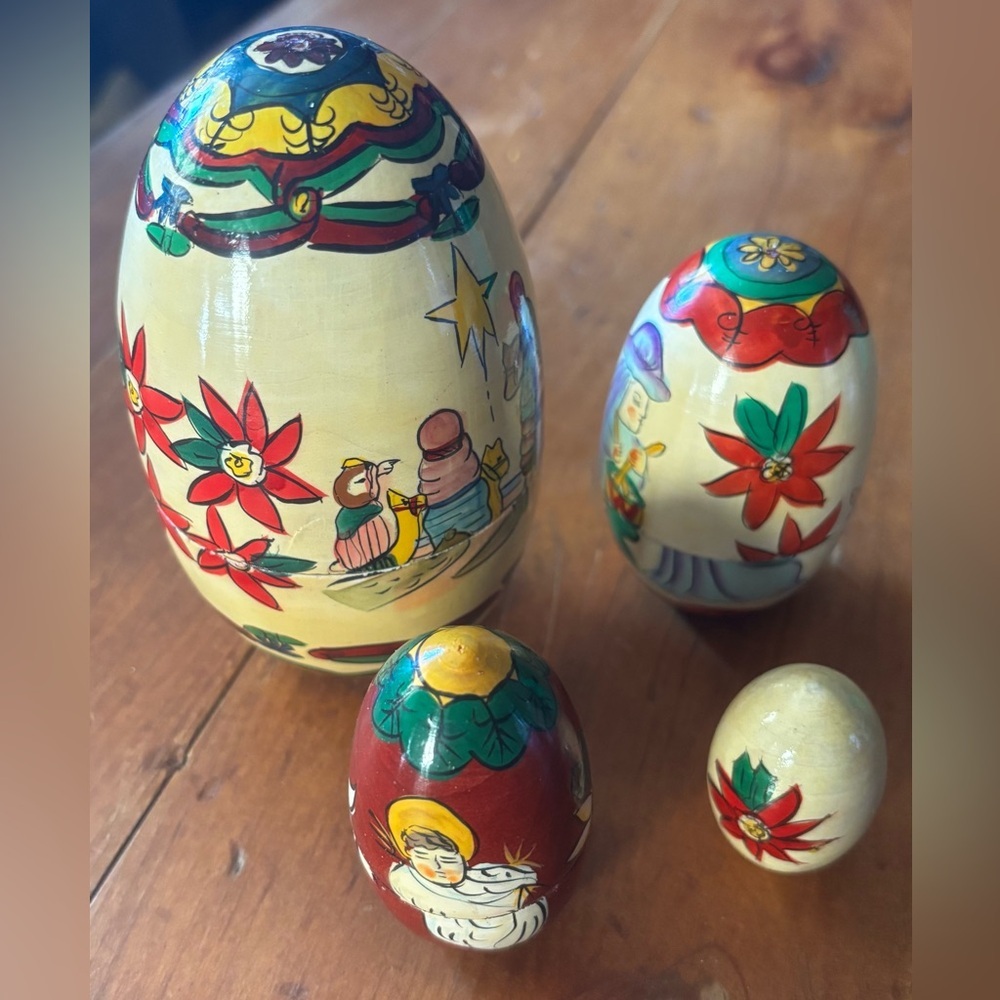 VNTG - Terry Village, Hand Painted, Wooden Nesting Eggs, Nativity/Poinsettia